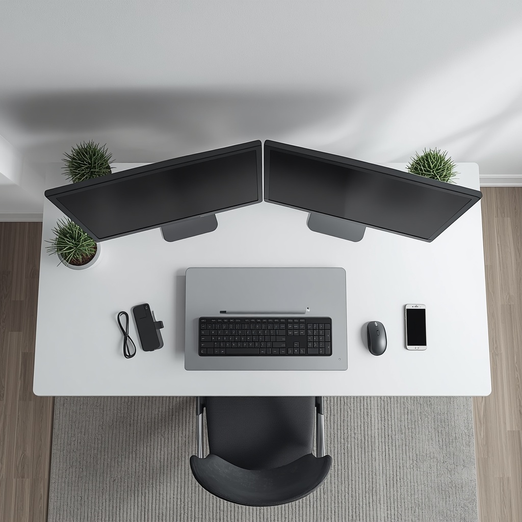 Minimalist desk setup with dual monitors, smartphone, and plant, bright modern home office, top down view